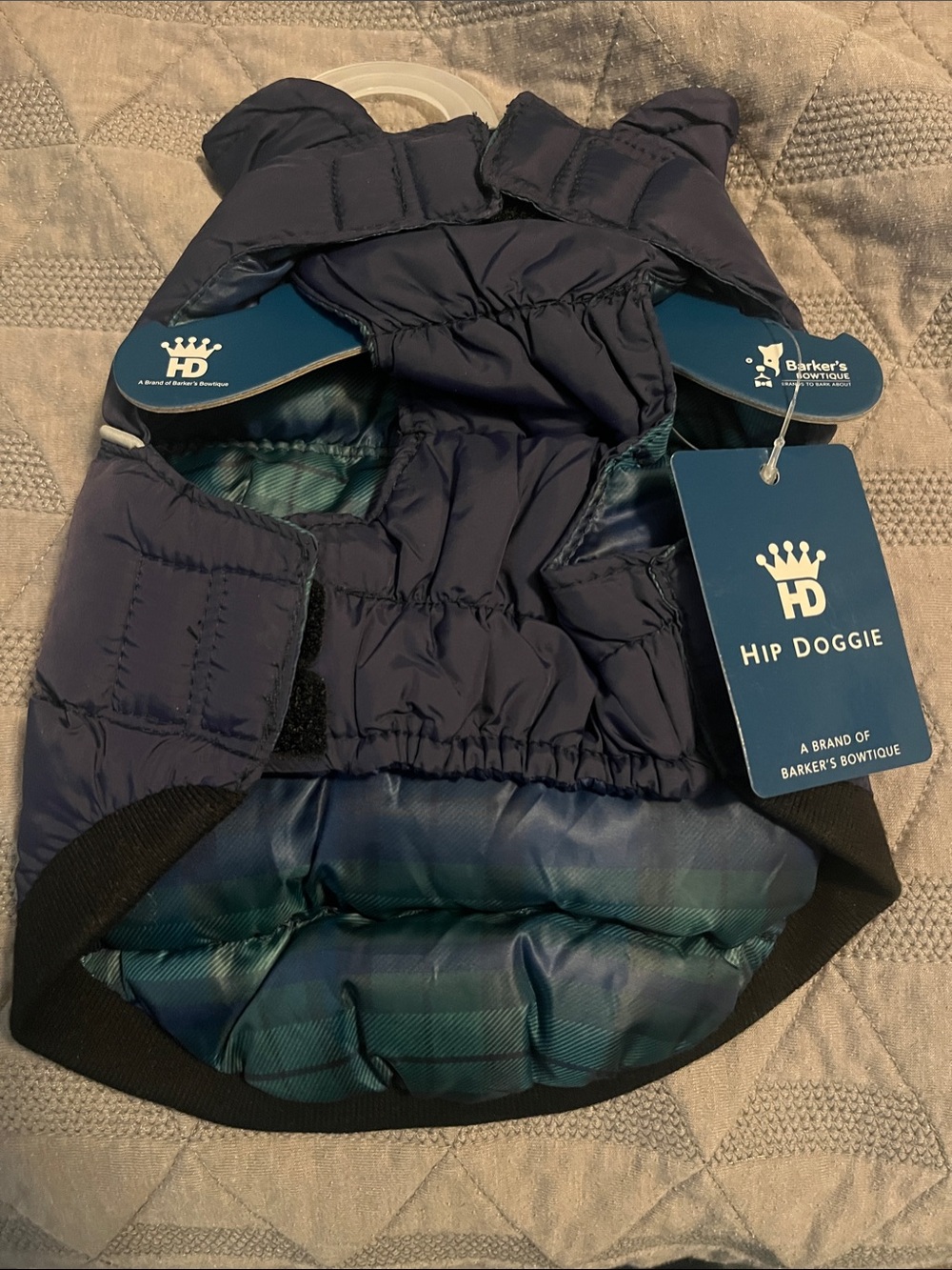 Hip Doggie Navy Puffer Dog Jacket with Plaid Lining